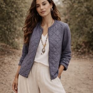 J. Jill Quilted Jacket 100% Cotton Gauze Indigo Blue Full Zip Boho Coastal Sz S